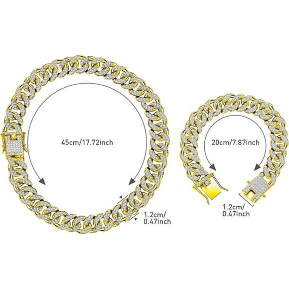 Gold 2 Pieces Cuban Link Chain for Women Cuban Necklace Bracelet Heavy Bling - Picture 2 of 6